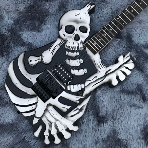 

guitar black skull bones carved body guitar electric 6 strings