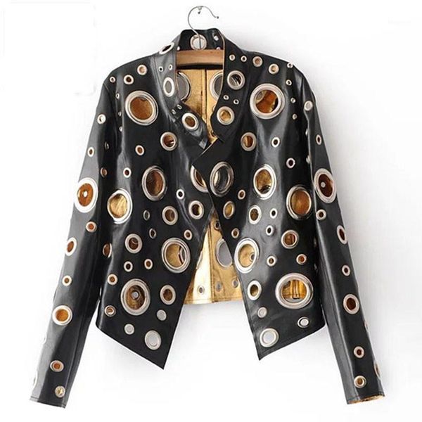 

2020 spring personality pu round hole women jacket gold black silver color stand collar long sleeve coat leather clothing, Black;brown
