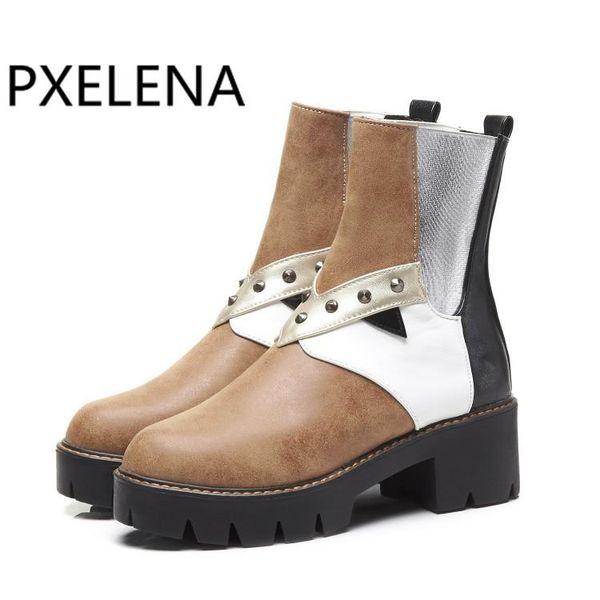 

boots pxelena retro punk rock gothic chunky block med heels women elastic band platform rivet motorcycle shoes lady, Black