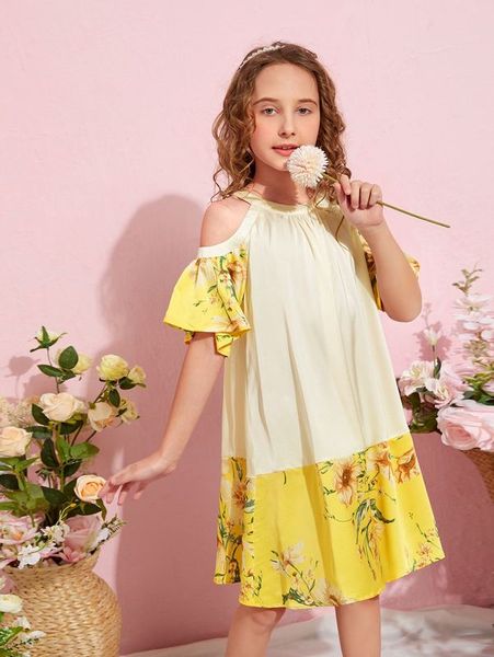 

girls floral print cold shoulder ruffle hem smock dress she, Red;yellow