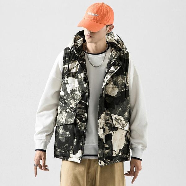 

men's vests mens jacket sleeveless vest winter male camo cotton-padded hooded coats men thick warm waistcoats clothing m-5xl1, Black;white