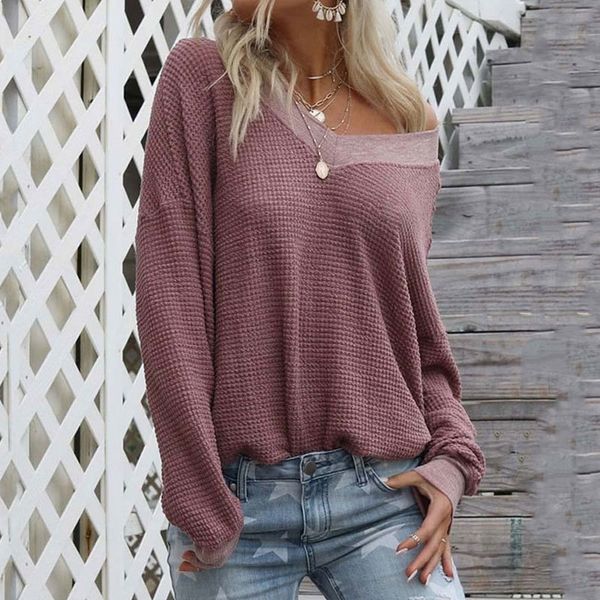 

autumn off shoulder v neck ladies long sleeve loose knitted sweater pullover women purple y200720, White;black