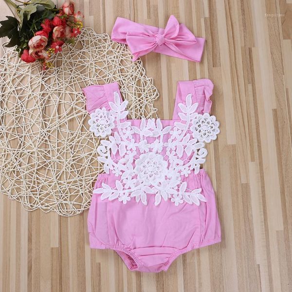 

newborn baby girl romper lace floral jumpsuit + headband outfits set clothes1, White