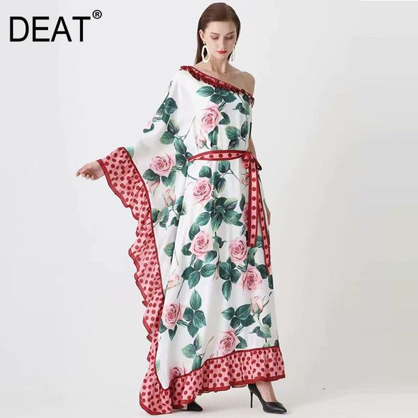 

deat 2021 floor length thin ruffle dress women lacing dot print pattren slash neck open shoulder beach style new summer ar871, Black;gray