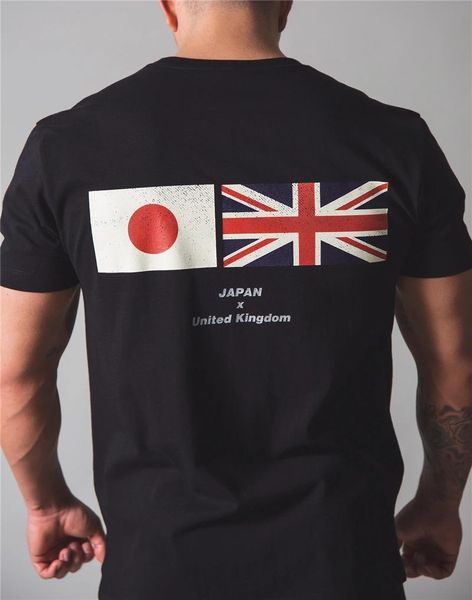 

japan&uk flag 2021 men's muscle sport cotton fitness short sleeve summer gym training outdoor running breathable t-shirts, White;black