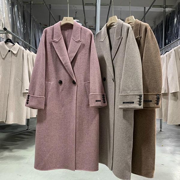

winter 2021 korean handmade high end lacing belt plus size loose long pink double sided 100% wool coat black woolen overcoat1