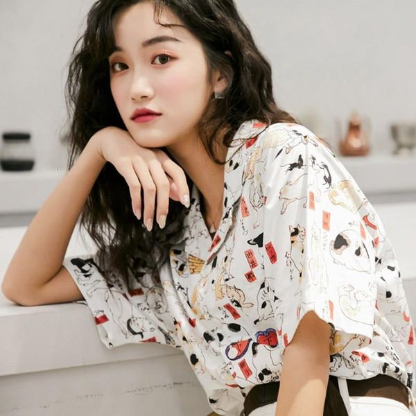 

w new summer vintage women and blouses cat print shirt lapel short sleeve loose casual female clothes fashion blouses, White