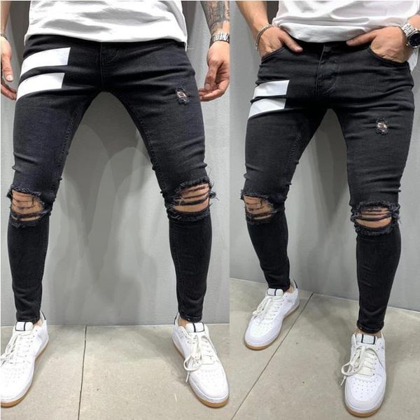 

pierced elastic leg printed jeans men's new, Blue