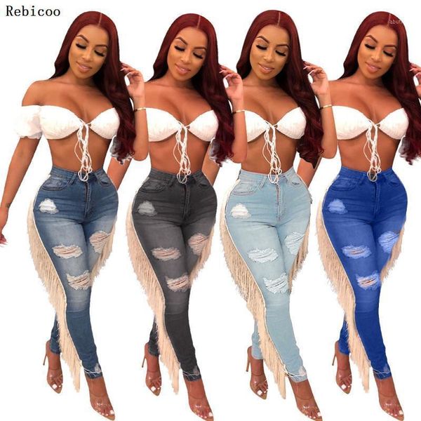 

women's jeans elastic skinny woman hight waist tassel thin pencil pants white finge club wear long trousers1, Blue