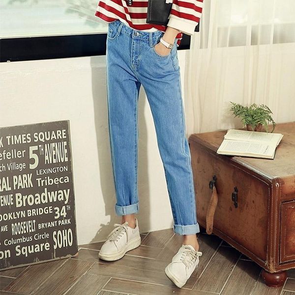 

new jeans women's korean solid color washed jeans loose skinny capris straight pants1, Blue