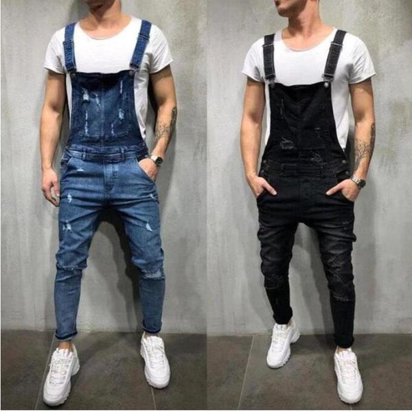 

men's jeans ruffled holes buttons fashion wear-resistant men denim casual jumpsuit overalls, Blue