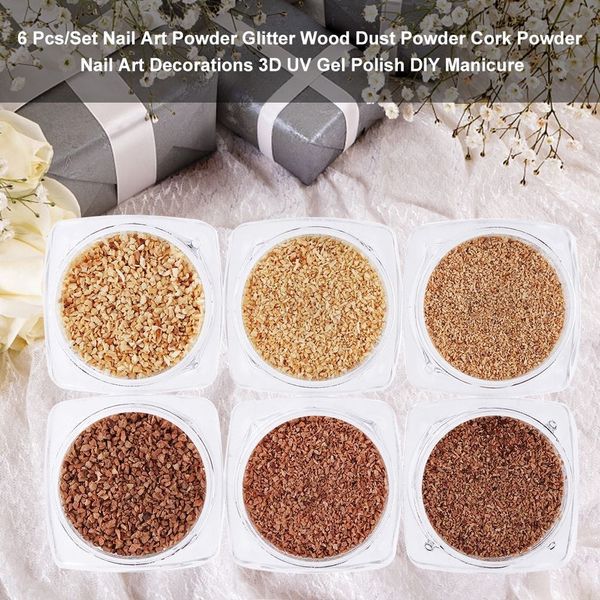

6 pcs/set nail art powder glitter wood dust powder cork powder nail art decorations 3d uv gel polish diy manicure, Silver;gold