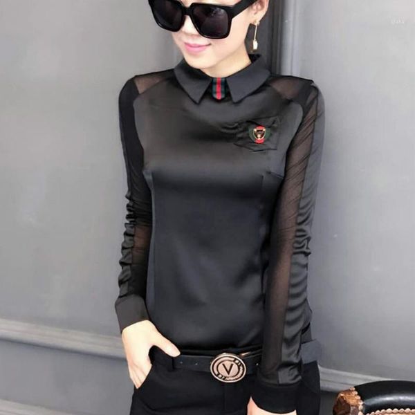 

2018 spring long sleeve turtleneck mesh patchwork satin shirts women body red satin blouses women stretchy 1, White