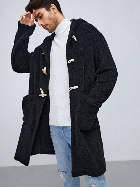 

men pocket front duffle hooded flannel coat a9sp#, Black;brown