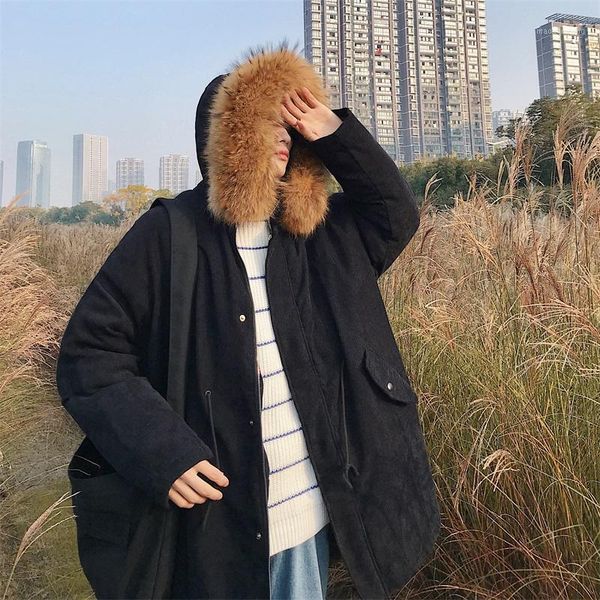 

2018 winter section on new corduroy korean version of the loose large fur collar hooded men wear cotton beige / black m-2xl1