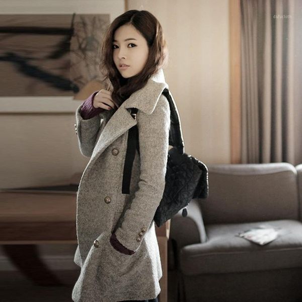 

office lady loose long women wool coat turn-down collar winter jacket double breasted pockets cashmere coat 20201, Black