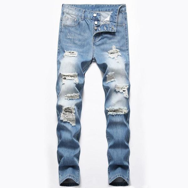 

1j jeans nostalgic personality perforated button jeans men's straight pants wholesale suppliers wholesale, Blue