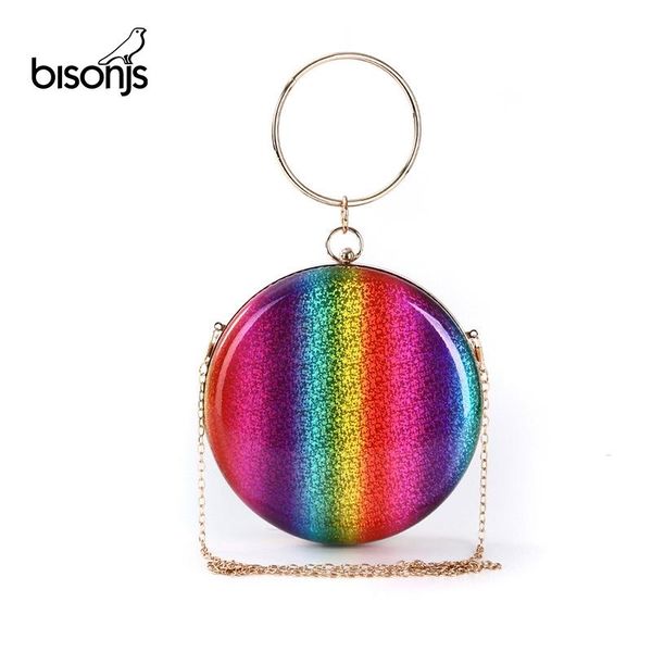 

bisonjs rainbow color women handbags designer round evening clutch bag luxury shoulder crossbody bags female party small purses