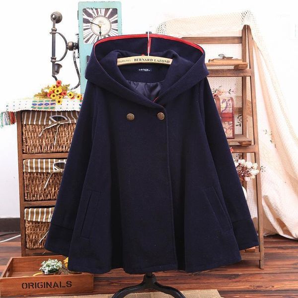 

japan style cute mori girl ordinary hooded cloak plus size coat women loose button solid long sleeve winter cotton coats t1861, Black
