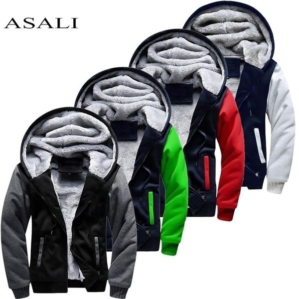 

winter men jackets fleece warm hood thick parka velvet windproof coats cardigan sweatshirts hoodies zipper men hoodie jacket 201119, Black