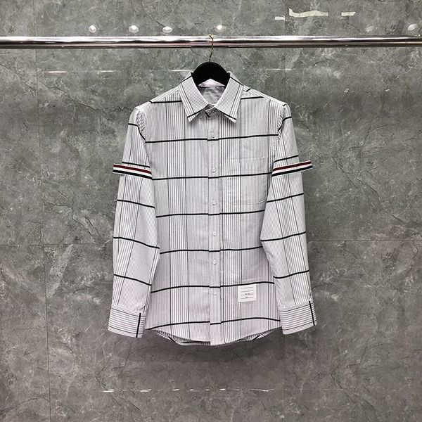 

long sleeve men's shirt gray plaid stripe ribbon armband cotton designer shirts slim casual solid luxury brand men's clothing over, White;black