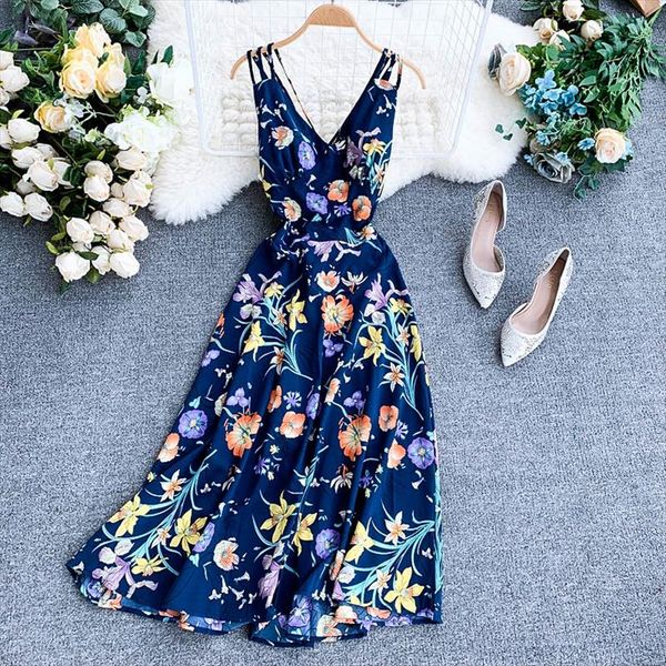 

boho vintage v шеи лето цветочные печати шифоновое midi длинное платье backless спагетти ремень женщины повседневная beach holiday vestidos, Black;gray