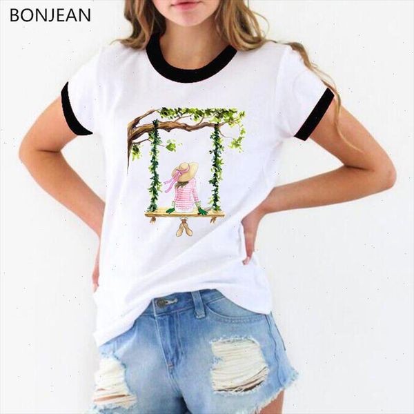 

vogue t shirt women watercolor beach girl printed tshirt femme summer white kawaii clothes t shirt streetwear drop shipping