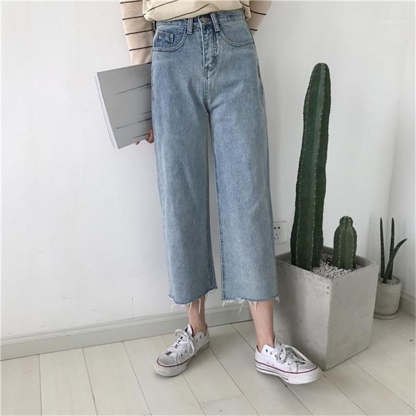 

2020 spring autumn fashion women jeans bottoms cropped ripped washed blue denim pants casual loose trousers wide leg denim jeans1