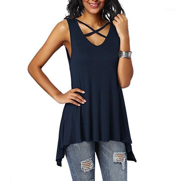 

2020 summer sleeveless women v-neck casual blouses criss cross solid color shirt irregular loose camisas mujer1, White