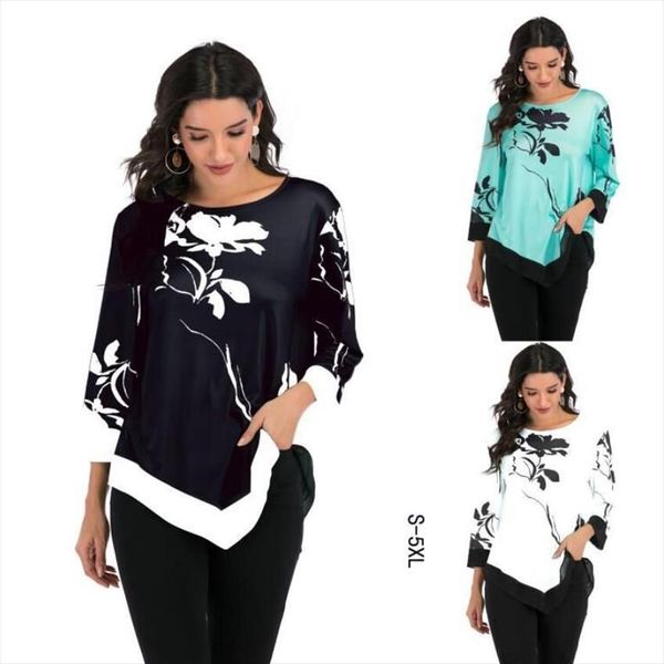 

summer 2020 casual women t shirts o neck floral printed irregular loose shirt fashion ladies office shirt plus size s 5xl, White
