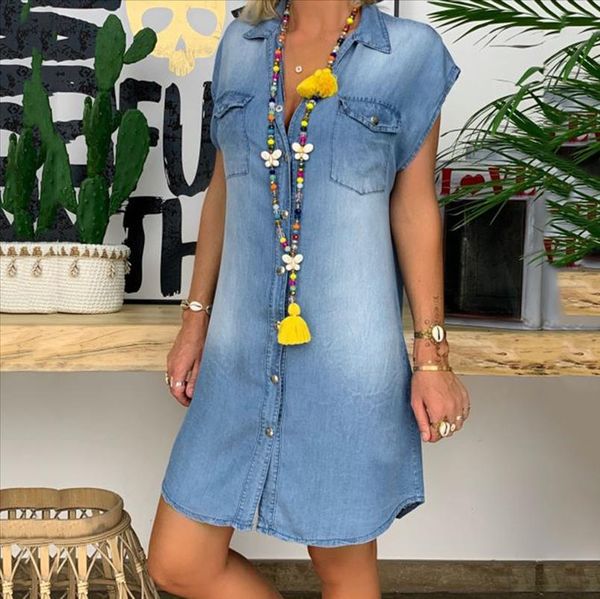 

denim dresses women summer dress casual turndown neck party dress sleeveless swing dresses 2020 vestidos plus size dress, Black;gray