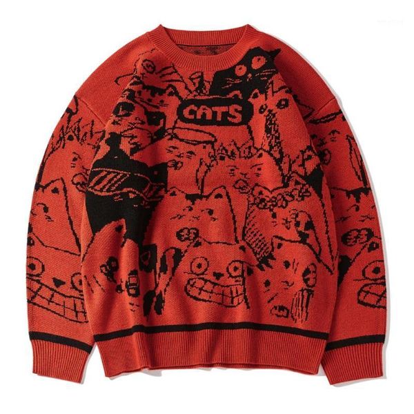 

cartoon cats print harajuku knit sweater oversize cotton loose pullover men clothing blue1, White;black
