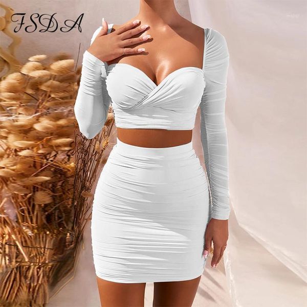 

women's tracksuits fsda 2021 two piece set long sleeve crop and bodycon mini skirt ruched women autumn white club outfit party1, Gray