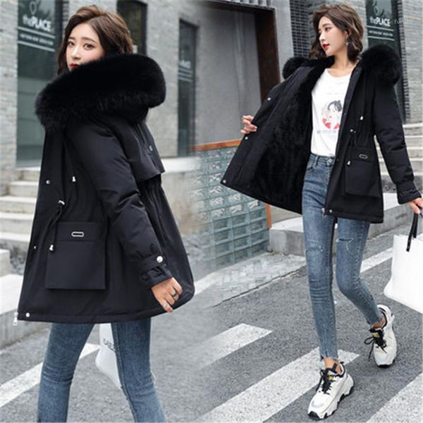 

2021 ladies velvet liner hooded parka women slim big fur collar outerwear autumn winter jacket women coat parkas female g5831, Black