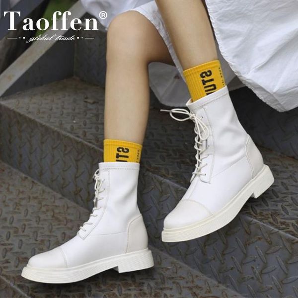 

taoffen натуральной кожи женщины короткие сапоги крест ремень теплые зимние ботинки женщина casual daily flats загрузки леди обувь размер 34, Black