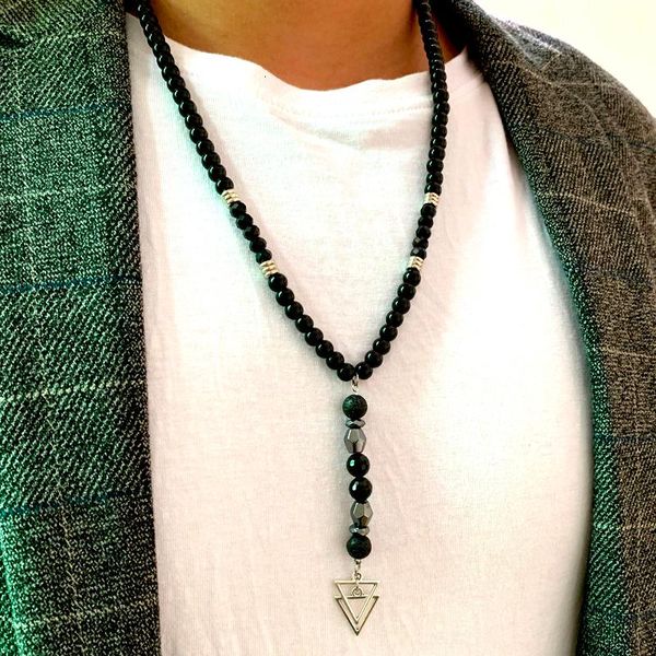 

fashion new stone beads triangle pendant necklace men handmade strand beaded chain necklace for men jewelry gift, Silver
