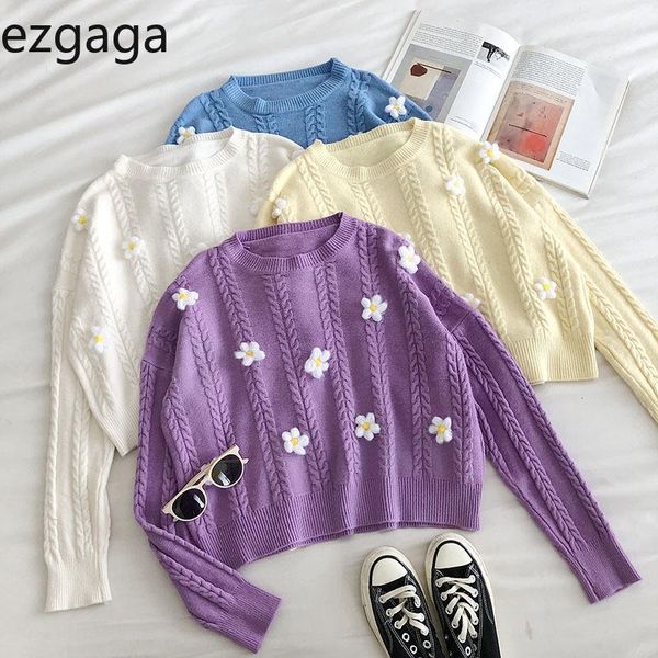 

women's sweaters ezgaga sweet sweater women 2021 autumn chic flower girl loose long sleeve pullover female knitwear korea style fashion, White;black