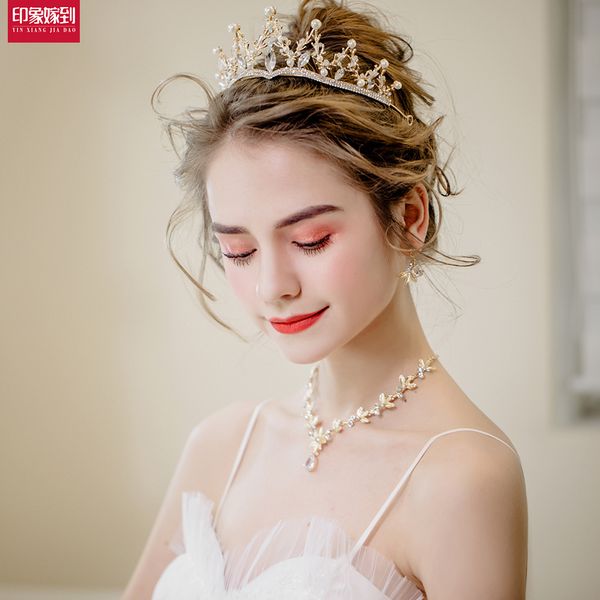 

three piece headdress korean dress accessories gold necklace set wedding crown, Silver