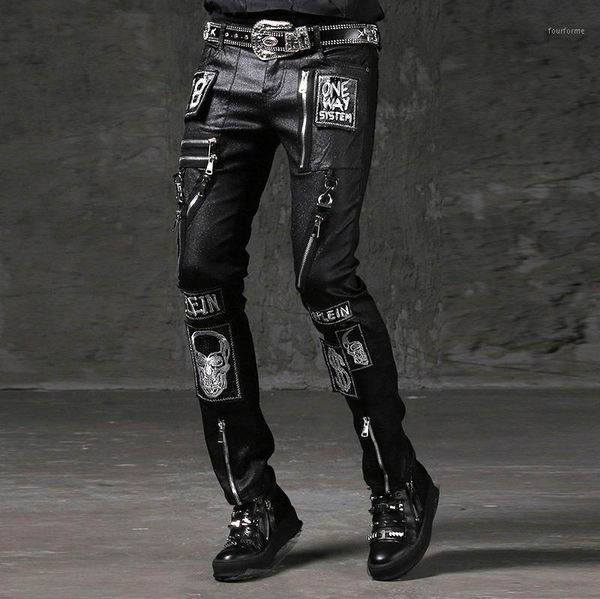 

mens zipper & skull skinny punk rock pencil pants harajuku fashion hip hop pants punk1, Black
