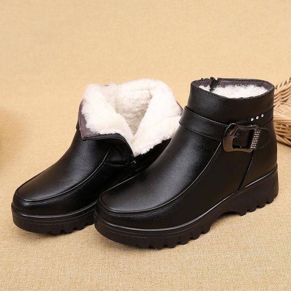 

fashion winter women genuine leather ankle boots female thick plush warm snow boots mother waterproof non-slip booties, Black