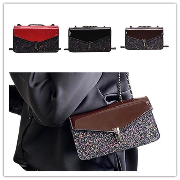 

women exquisite sequin shoulder bag hardware chain strap pu leather messenger bag color block lock catch crossbody bags