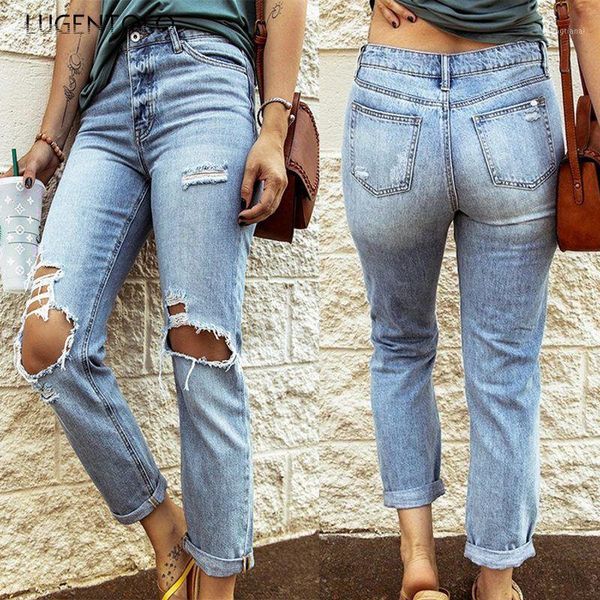 

lugentolo women's jeans ripped casual washed slim-fit hole straight blue fashion street female simple long jeans1