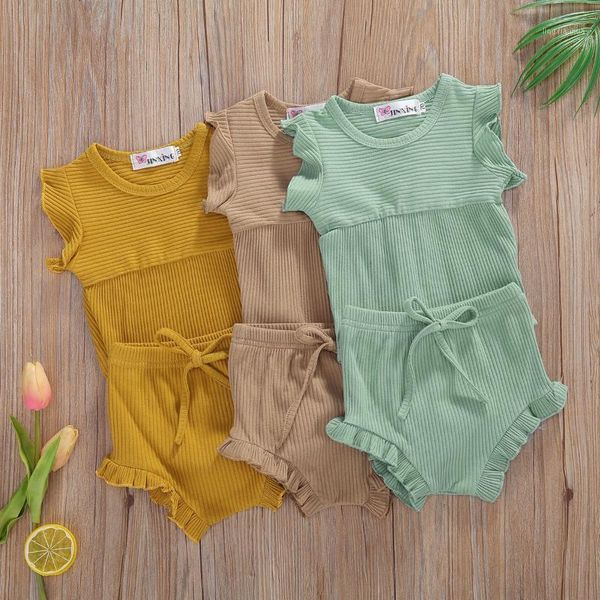 

0-18m toddler baby girl boy rib-knitted sets 2pcs romper shorts solid ruffles baby summer clothing set1, White