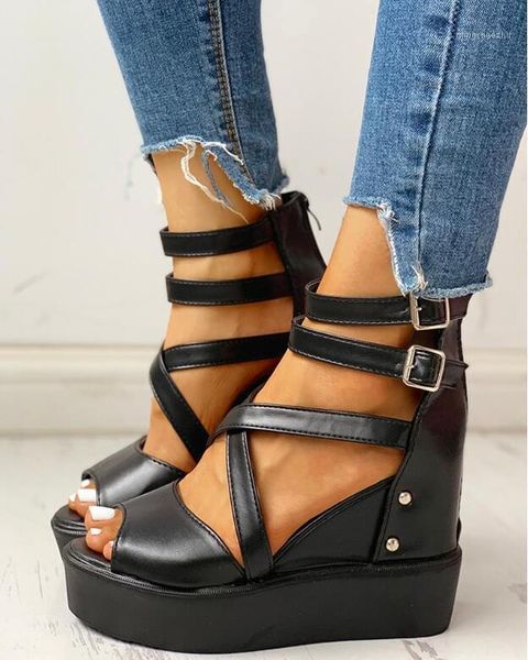 

sandals summer platform 2021 fashion women cross strap sandal wedges heel shoes casual woman peep toe sandalia feminina1, Black