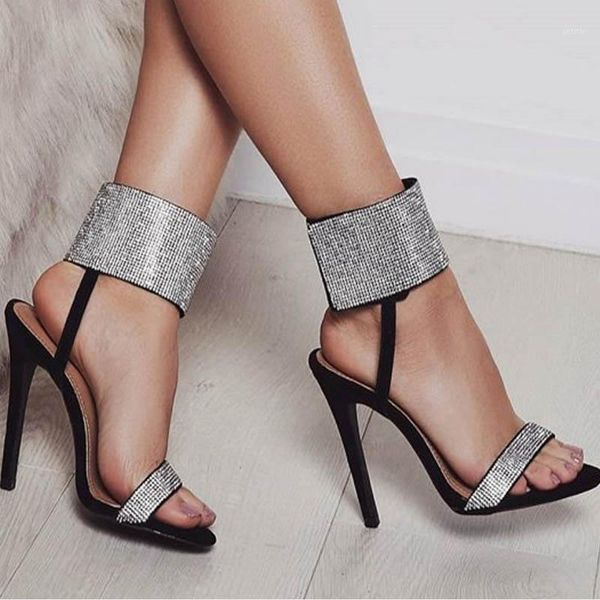 

woman sandals summer luxury crystal high heels party wedding shoes black stiletto open toe hook loop ladies sandals sandalias1