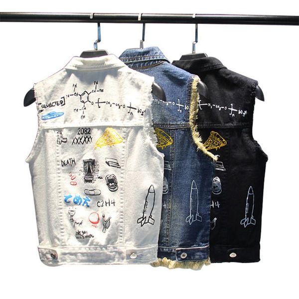 

new summer fashion cool printed denim vest women cute cartoon veste jeans femme hole tassel women's sleeveless jacket, Black;white