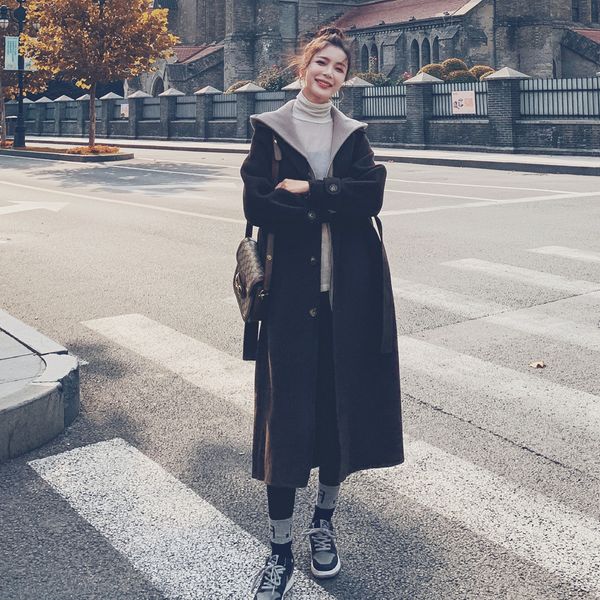 

2021 new non-wovens of two garments with hood wool winter new korean wide single-breasted fashion women's jacket u1 d7x2, Black