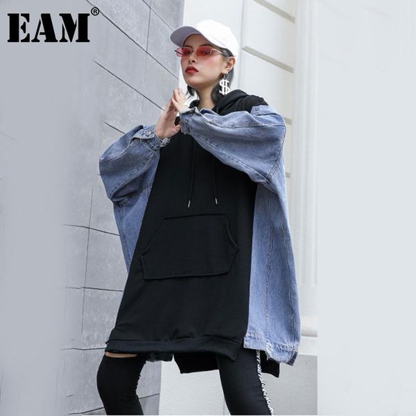 

[eam] loose fit black dneim long sweatshirt new hooded long sleeve women big size fashion tide spring autumn 2020 1da882