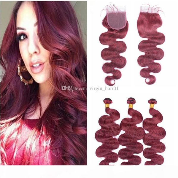 

burgundy bundles with lace closure wine red 99j closure and bundles dark red body wave peruvian human hair weaves with lace closure, Black;brown