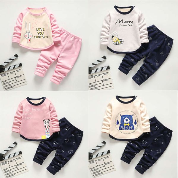 

2020 new children's plush underwear set baby warm autumn pants men's and women's home cloth thickened pajamas, Blue;red